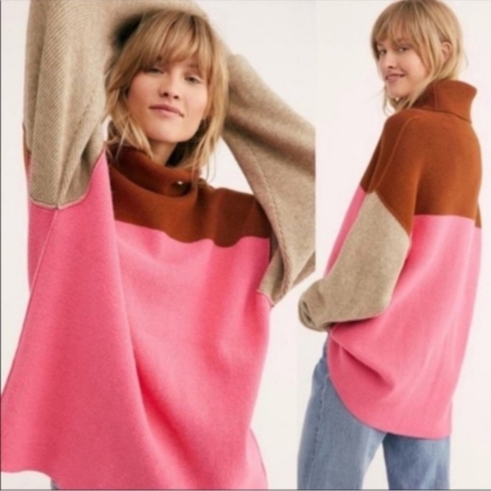 FREE PEOPLE Oversized Fall Sweater Softly Structured Colorblock Turtleneck Pink